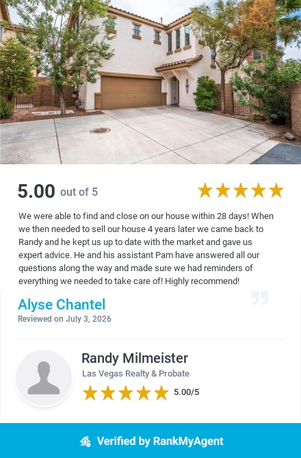Alyse Chantel, satisfied Las Vegas real estate client, featured with her 5-star review of REALTOR ® Randy Milmeister for exceptional service, communication, and successful results.