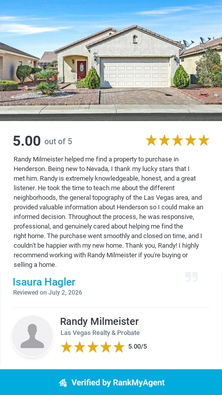 Isaura Hagler shares her 5-star review of Las Vegas REALTOR ® Randy Milmeister, recognizing his professionalism, excellent communication, and commitment to delivering outstanding real estate results.